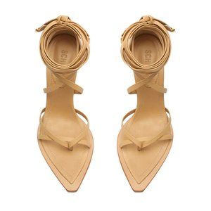 Schutz Calandra Nappa Leather Sandal Heels - Light wood/tan, size 6.5